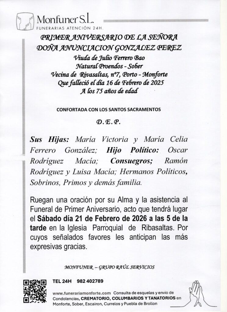 PRIMER ANIVERSARIO DE DOÑA ANUNCIACION GONZALEZ PEREZ