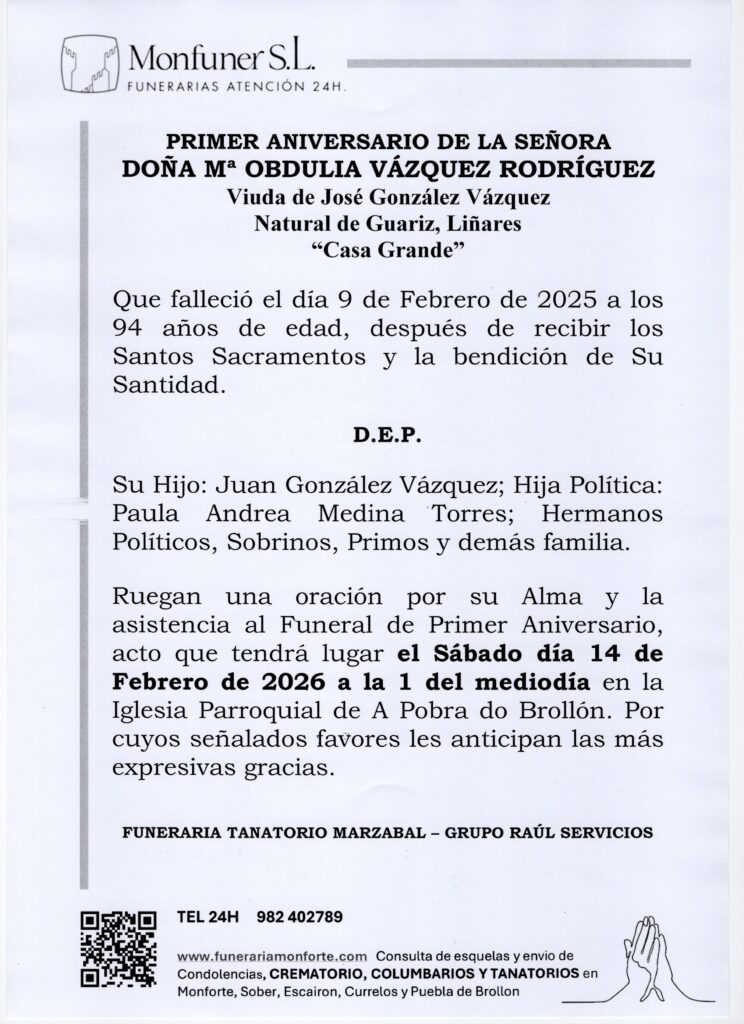PRIMER ANIVERSARIO DE DOÑA Mª OBDULIA VÁZQUEZ RODRÍGUEZ