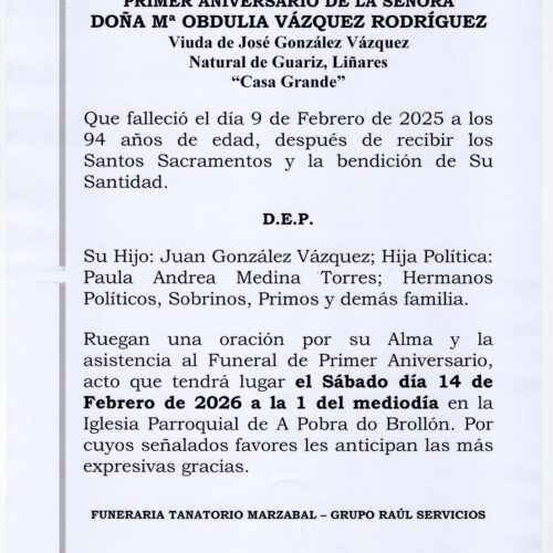 PRIMER ANIVERSARIO DE DOÑA Mª OBDULIA VÁZQUEZ RODRÍGUEZ