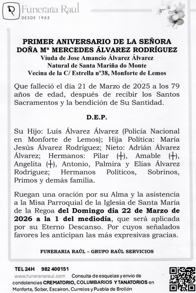 PRIMER ANIVERSARIO DE DOÑA Mª MERCEDES ALVAREZ RODRIGUEZ