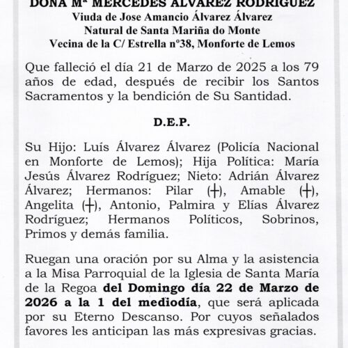 PRIMER ANIVERSARIO DE DOÑA Mª MERCEDES ALVAREZ RODRIGUEZ