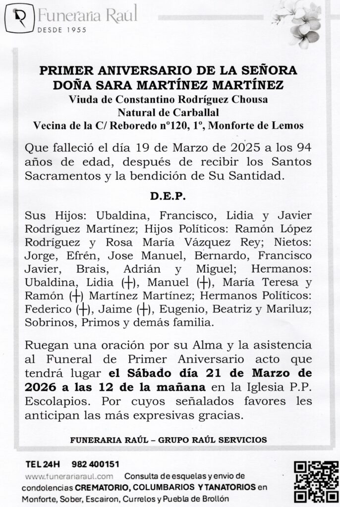 PRIMER ANIVERSARIO DE DOÑA SARA MARTINEZ MARTINEZ