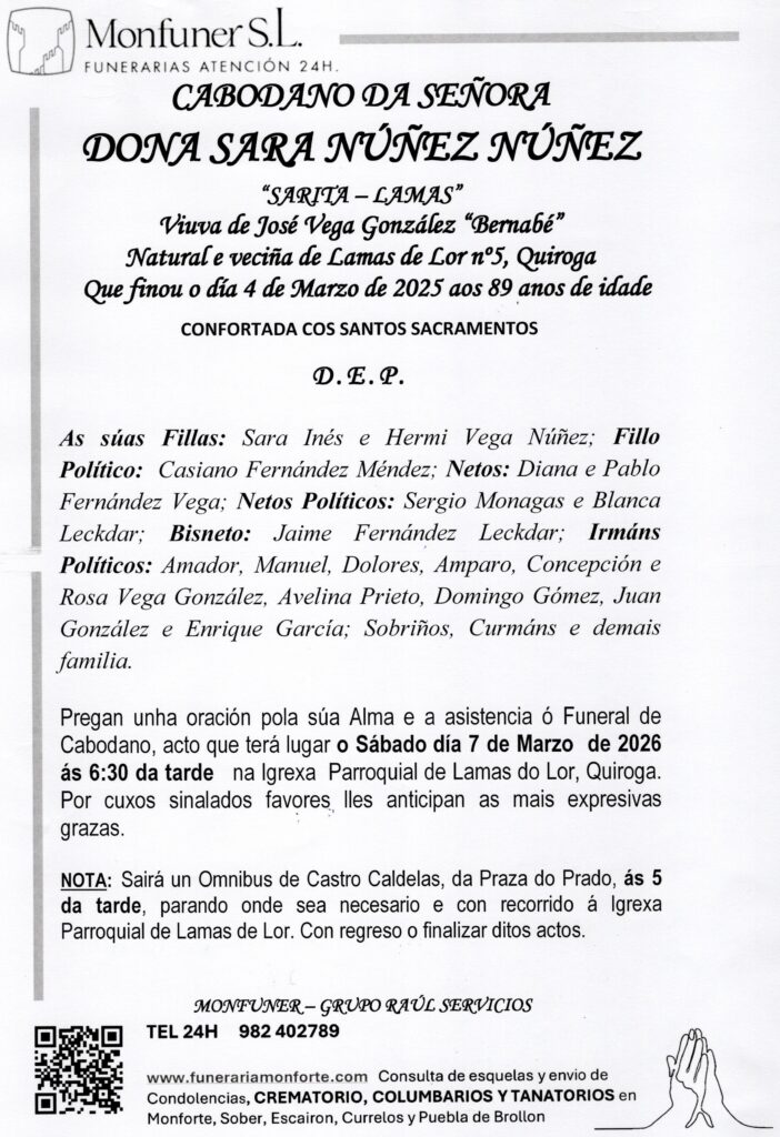 PRIMER ANIVERSARIO DE DOÑA SARA NÚÑEZ NÚÑEZ