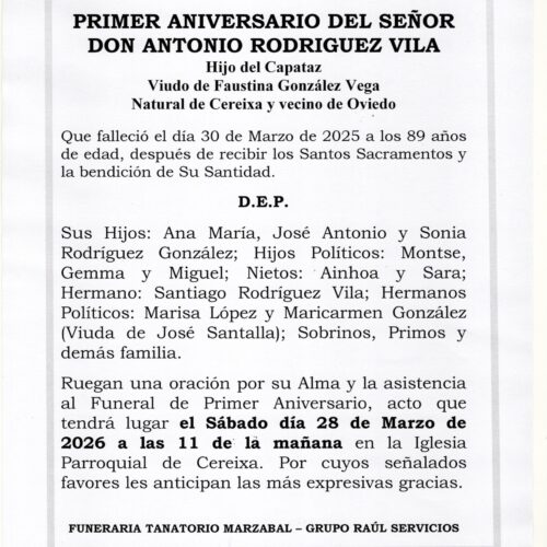 PRIMER ANIVERSARIO DE DON ANTONIO RODRIGUEZ VILA
