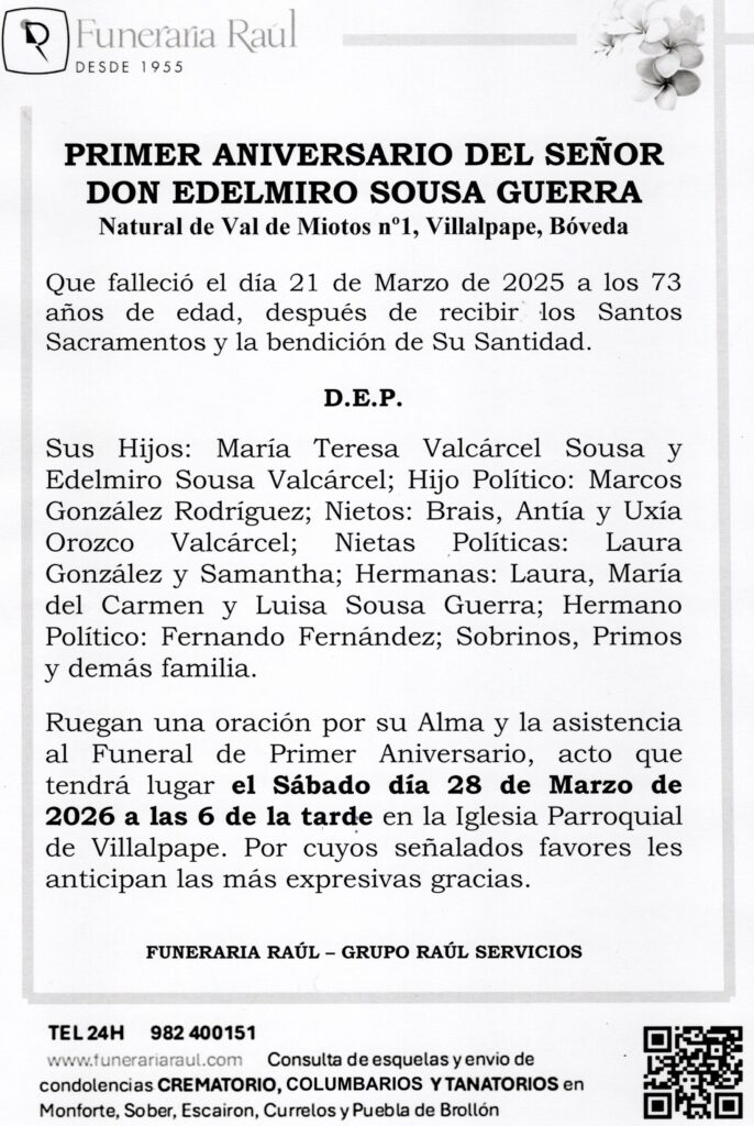 PRIMER ANIVERSARIO DE DON EDELMIRO SOUSA GUERRA