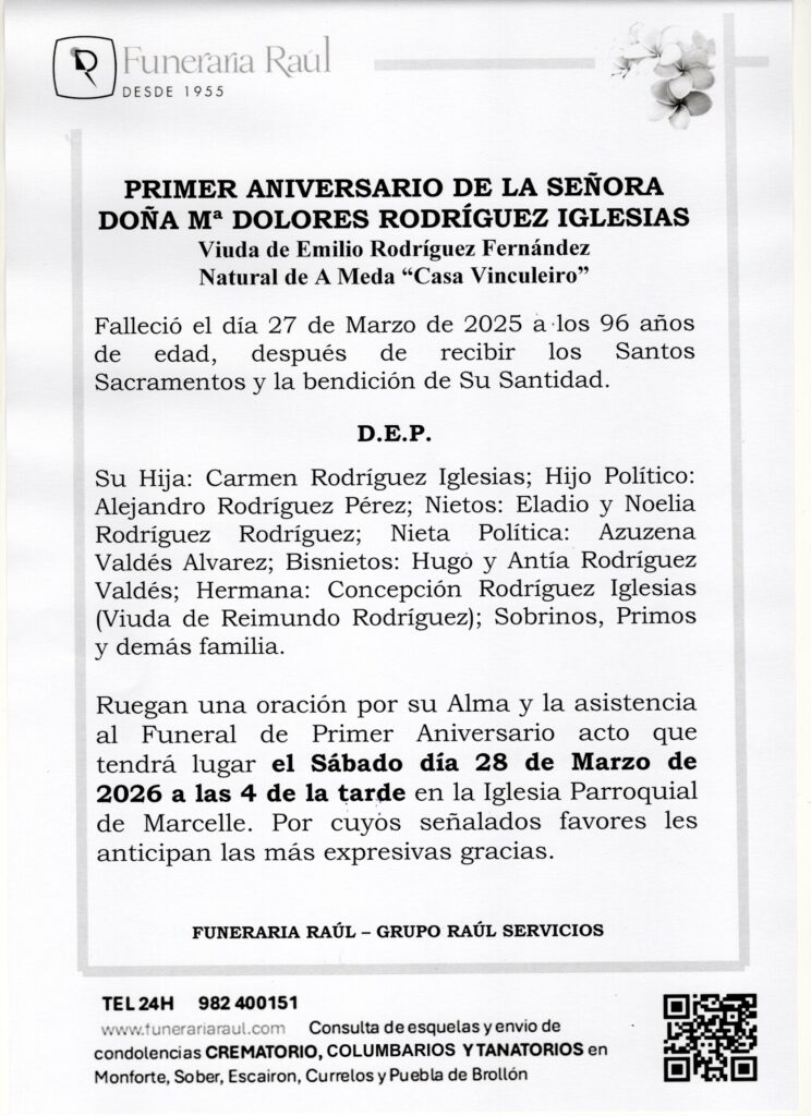 PRIMER ANIVERSARIO DE DOÑA Mª DOLORES RODRIGUEZ IGLESIAS