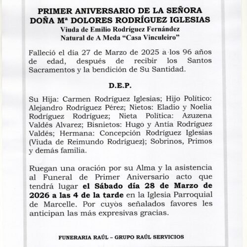 PRIMER ANIVERSARIO DE DOÑA Mª DOLORES RODRIGUEZ IGLESIAS