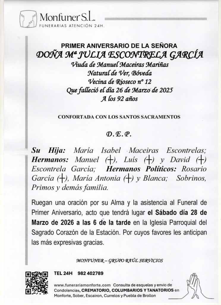 PRIMER ANIVERSARIO DE DOÑA Mª JULIA ESCONTRELA GARCIA