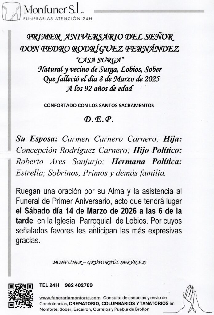 PRIMER ANIVERSARIO DE DON PEDRO RODRIGUEZ FERNANDEZ